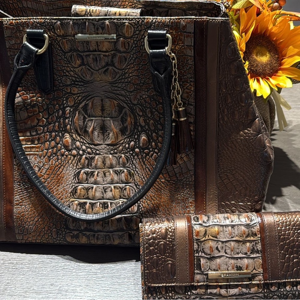 Stylish Brown Crocodile Pattern Bag Set